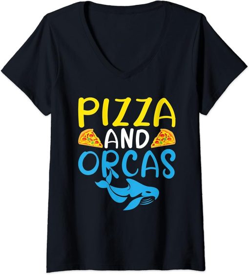 Womens Pizza and Orcas Pizza Lover Orca Whale V-Neck T-Shirt