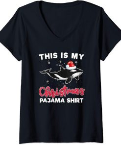 Womens Orca Whale Christmas Pajama Santa Orca Lover Gift V-Neck T-Shirt