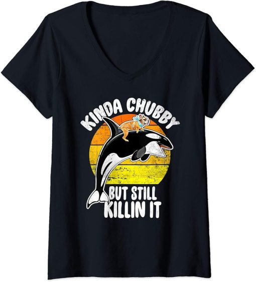 Womens Kinda Chubby Still Killin It - Frenchie Orca Killer Whale V-Neck T-Shirt